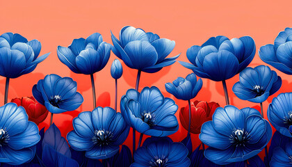A stylized illustration of blue and red flowers against an orange background, possibly anemones, with a surreal, artistic vibe.
