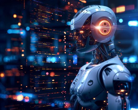 AI Robot coding assistant in action in control room showcasing the intricate design and advanced technology of cybernetics.