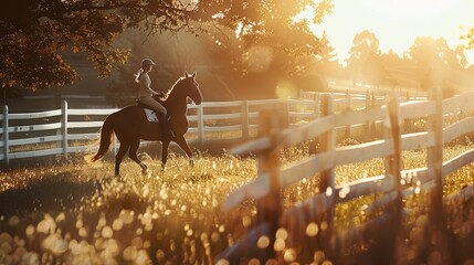 The appearance of a sorrel horse with its rider in the saddle, advancing through a paddock next to a white fence and illuminated by the sun's rays - obrazy, fototapety, plakaty