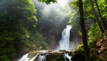 Fototapeta na wymiar A cascading waterfall hidden deep in a lush forest with mist hiding the gorge and trees surrounding it's banks; peaceful environment, summer, magical scene