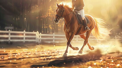 The appearance of a sorrel horse with its rider in the saddle, advancing through a paddock next to a white fence and illuminated by the sun's rays - obrazy, fototapety, plakaty