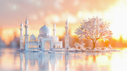 Miniature model of an Islamic mosque with domes and minarets beside a tree, reflecting on a glass surface at sunset.