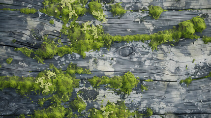 Weathered wood texture with green moss accents. Close-up shot for eco-friendly design and print with copy space.