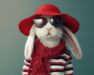 Chic white bunny in red summer attire, perfect for sunny vibes