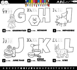 educational cartoon alphabet letters set from G to L coloring page