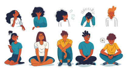 Hand drawn Vector illustration of cartoon characters depicting a set of frustrated, unhappy people, conveying bad mood, despair, sadness, confusion, depression, anger, mental health problems