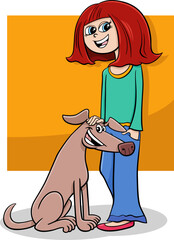 happy cartoon teen girl with funny dog character