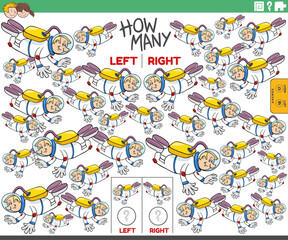 counting left and right pictures of cartoon spaceman character