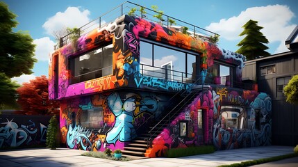 an image of a house covered in vibrant graffiti created by AI artists, turning it into a dynamic...