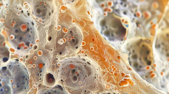 A microscopic view of damaged epithelial cells showing their irregular shape and disrupted arrangement due to injury or inflammation.