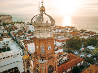 Horizontal image of our Lady of Guadalupe church in Puerto Vallarta, Jalisco, Mexico at sunset.