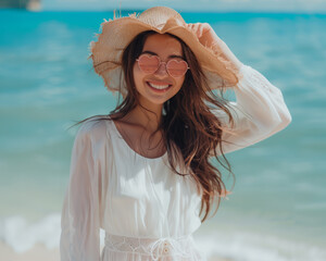 ai generated young beautiful smiling woman wearing light white dress, hay hat and glasses, standing near the sea