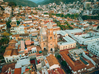Wide angle view of our Lady of Guadalupe church in Puerto Vallarta, Jalisco, Mexico at sunset.