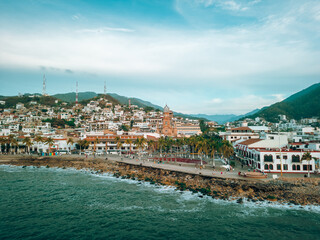 Low angle view of our Lady of Guadalupe church in Puerto Vallarta, Jalisco, Mexico at sunset.