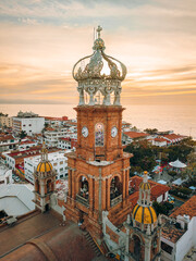Close up aerial HDR image of our Lady of Guadalupe church in Puerto Vallarta, Mexico at sunset.
