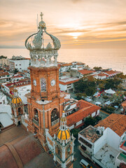 High angle view of our Lady of Guadalupe church in Puerto Vallarta, Mexico at golden hour.