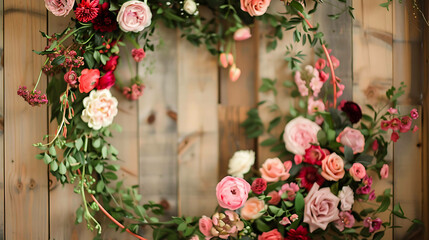 Fototapeta na wymiar Pink and red roses with green leaves on a wooden background. The flowers are arranged in a circle. The image is soft and romantic.