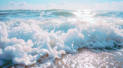 Foamy waves rolling up in ocean