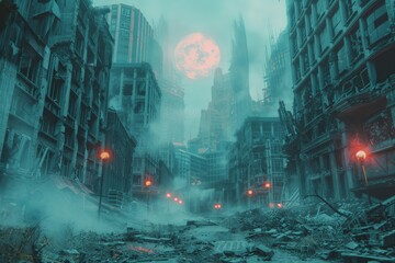 A midjourney through a dystopian future city consumed by darkness, with Black and Cherry Tomato hues symbolizing despair and life among ruins. - obrazy, fototapety, plakaty