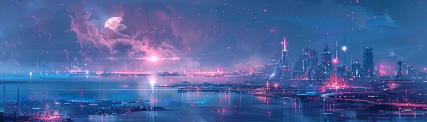 Fototapeta premium A breathtaking Renaissance-style oil painting of a dystopian space city engulfed in darkness, with hues of blue, violet, candy pink, and mint green creating a hauntingly beautiful scene.
