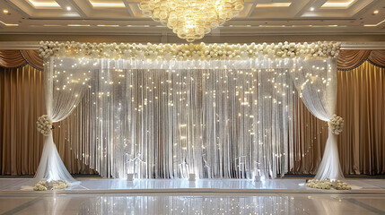 Elegant wedding reception hall with crystal beaded curtain backdrop and floral arrangements. - obrazy, fototapety, plakaty