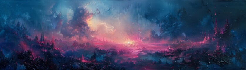 An apocalyptic cityscape glowing in electric pink, azure, and powder blue, reminiscent of a Renaissance oil painting. Beauty and doom collide in a futuristic world on the brink.