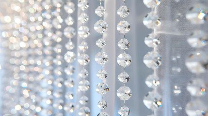 Elegant and shiny crystal beads hanging in front of a blurred background. The beads are reflecting the light and creating a beautiful sparkle effect.