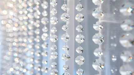 Fotobehang Elegant and shiny crystal beads hanging in front of a blurred background. The beads are reflecting the light and creating a beautiful sparkle effect. © Sahbaba