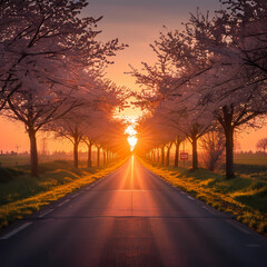 Cherry Blossom along a road leading into sunset 