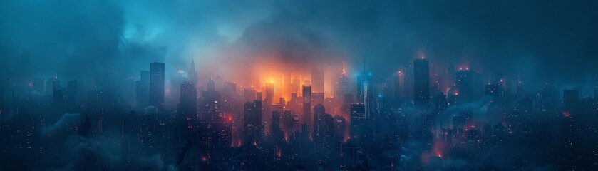 In a dystopian city shrouded in darkness, flashes of orange-red and yellow-orange light pierce through, offering a glimmer of hope amidst despair. - obrazy, fototapety, plakaty