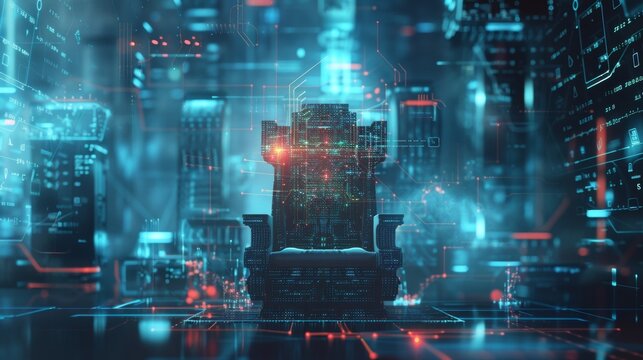 A ruler of the digital realm their throne adorned with tech symbols and icons a symbol of their dominance and control over the everevolving world of technology. .