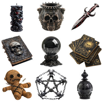 Black magic kit on transparent background. Dark magic and witchcraft concept. 3d digital illustration for set, collection, design element, decor