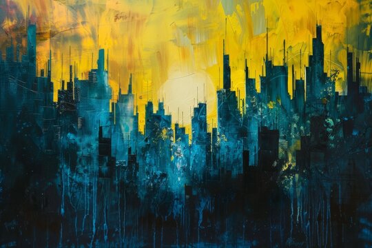 A vibrant dystopian cityscape, bathed in sunshine yellow, fluorescent green, and sapphire blue, evoking hope amidst despair. Renaissance oil painting style