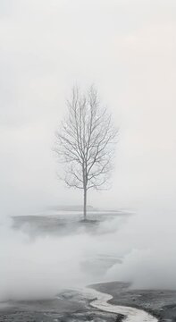 A lone tree stands in a field of fog.