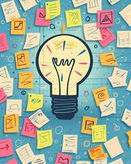 A brainstorming area with a central lightbulb illustration surrounded by Post-Its, each note a contribution from different team members