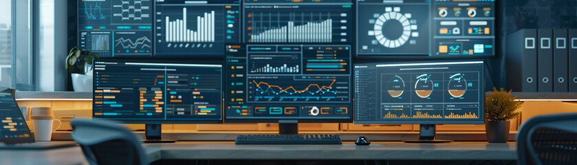 Fototapeta premium A desktop with screens displaying graphs and data analytics tools, a central screen showing a strategic plan being formulated