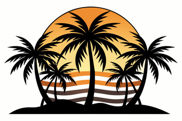 Fototapeta na wymiar Black outlined symmetrical palm trees on the sunset white background 