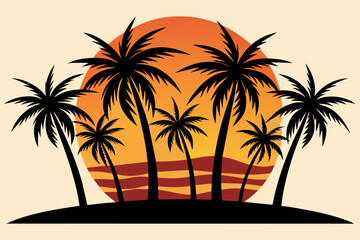 Black outlined symmetrical palm trees on the sunset
 white background 