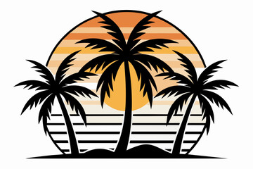 Black outlined symmetrical palm trees on the sunset
 white background 