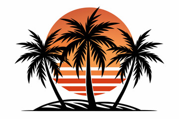 Black outlined symmetrical palm trees on the sunset
 white background 