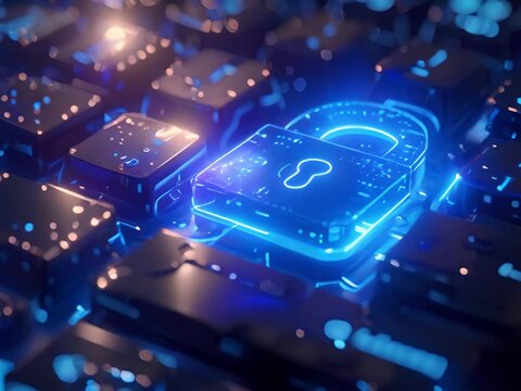 A glowing blue padlock on a black keyboard.