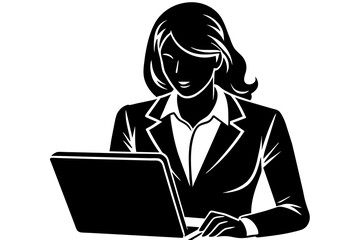 Businesswoman working on laptop black silhouette in white background