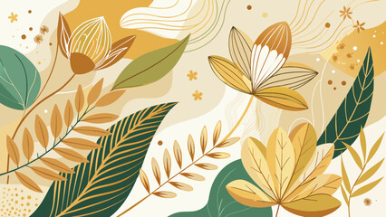 Fototapeta premium golden line art flower and botanical leaves