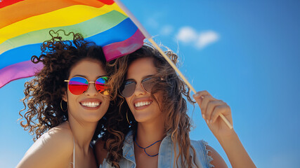 Portrait of a woman with sunglasses and LGBT flag
