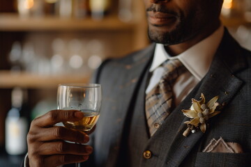 A man with a boutonniere and a glass of vine in his hand