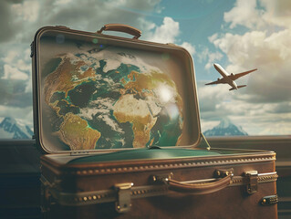 An open suitcase with a globe inside, an airplane flying out towards a sky map of destinations, symbolizing the beginning of an adventure