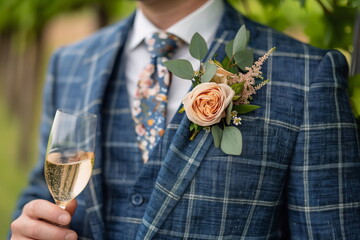 A man with a boutonniere and a glass of champagne in his hand