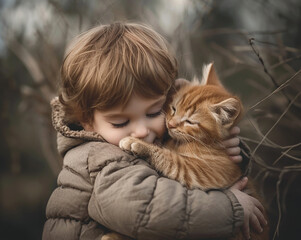 ai generated cute young boy is hugging a cat in the street