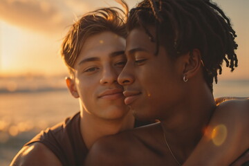 Close up two men being in love. Romantic atmosphere, sunset