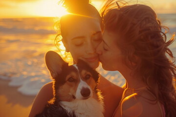 A young woman kisses another young woman with a dog. Romantic atmosphere, sunset